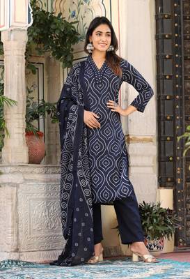 Blue  cotton  hand   work straight  kurti pant dupatta set 4