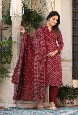 Maroon  cotton  hand   work straight  kurti pant dupatta set 1