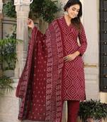Maroon  cotton  hand   work straight  kurti pant dupatta set