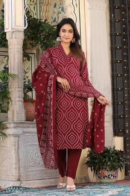 Maroon  cotton  hand   work straight  kurti pant dupatta set 3