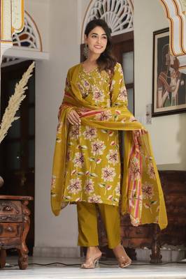 Mustrad   cotton  hand   work straight  kurti pant dupatta set 1