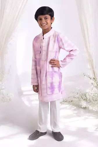 Lilac tie and dye attached jacket with kurta and pant