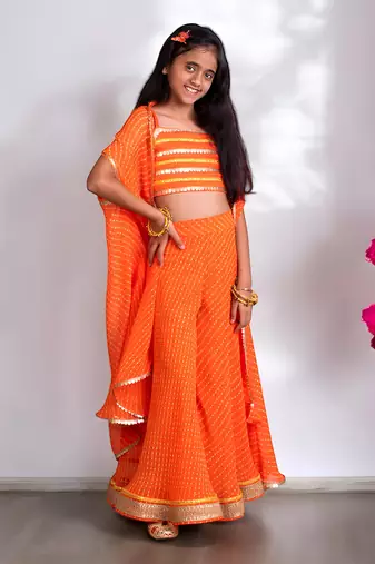 Orange crop top sharara set with cape