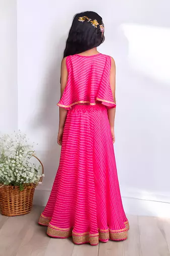 Pink bandhej top with skirt