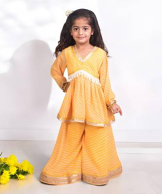 Yellow bhandhej peplum kurti with sharara 1