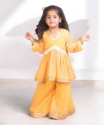 Yellow bhandhej peplum kurti with sharara 2