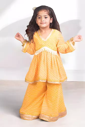 Yellow bhandhej peplum kurti with sharara