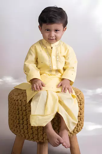 Yellow mukesh work kurta with dhoti