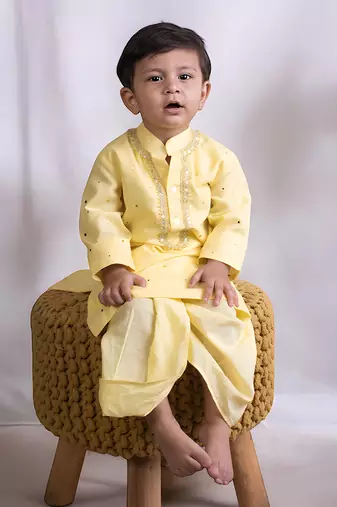 Yellow mukesh work kurta with dhoti