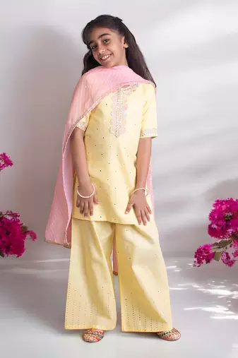 Yellow mukesh work kurti with sharara