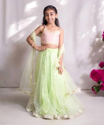 Peach and Green Chanderi Sequin Kids' Lehenga 1