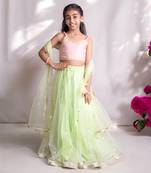 Peach and Green Chanderi Sequin Kids' Lehenga