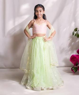 Peach and Green Chanderi Sequin Kids' Lehenga 2