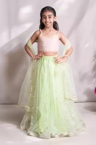 Peach and Green Chanderi Sequin Kids' Lehenga