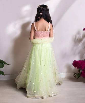 Peach and Green Chanderi Sequin Kids' Lehenga 3
