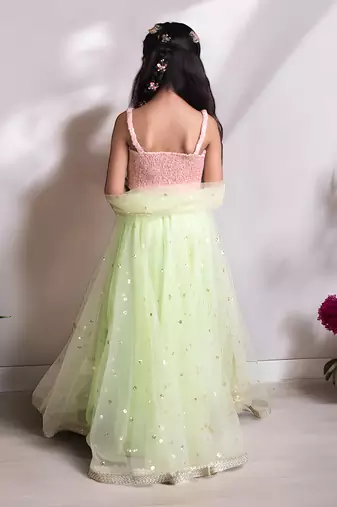 Peach and Green Chanderi Sequin Kids' Lehenga