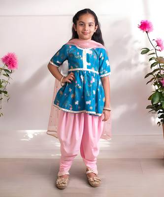Blue printed kurti with dhoti 1