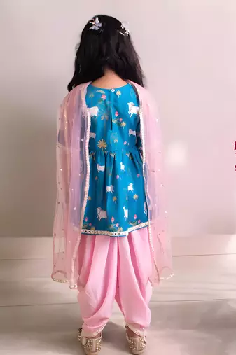 Blue printed kurti with dhoti