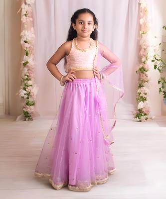 Pink and Purple Chanderi Sequin Embroidered Girls' Lehenga  1