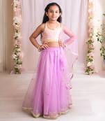 Pink and Purple Chanderi Sequin Embroidered Girls' Lehenga