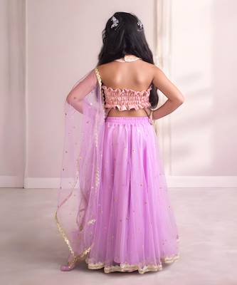 Pink and Purple Chanderi Sequin Embroidered Girls' Lehenga  2