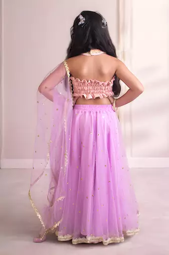 Pink and Purple Chanderi Sequin Embroidered Girls' Lehenga 