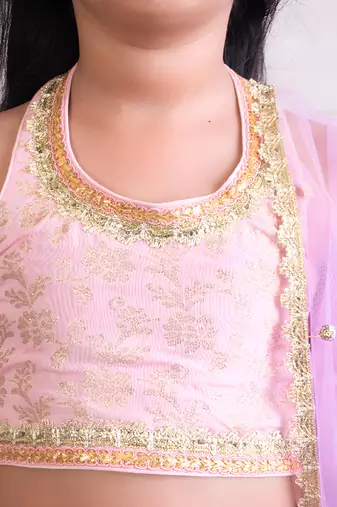 Pink and Purple Chanderi Sequin Embroidered Girls' Lehenga 
