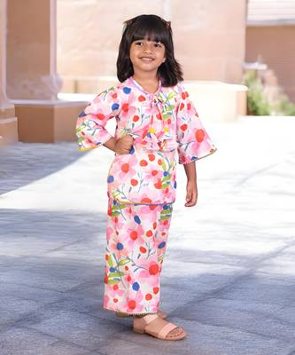 Pink floral printed kurti with pants 1