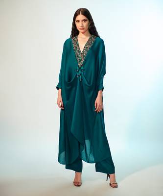 Teal green viscose satin tunic and trouser set 1