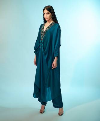 Teal green viscose satin tunic and trouser set 2