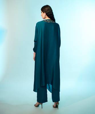 Teal green viscose satin tunic and trouser set 3
