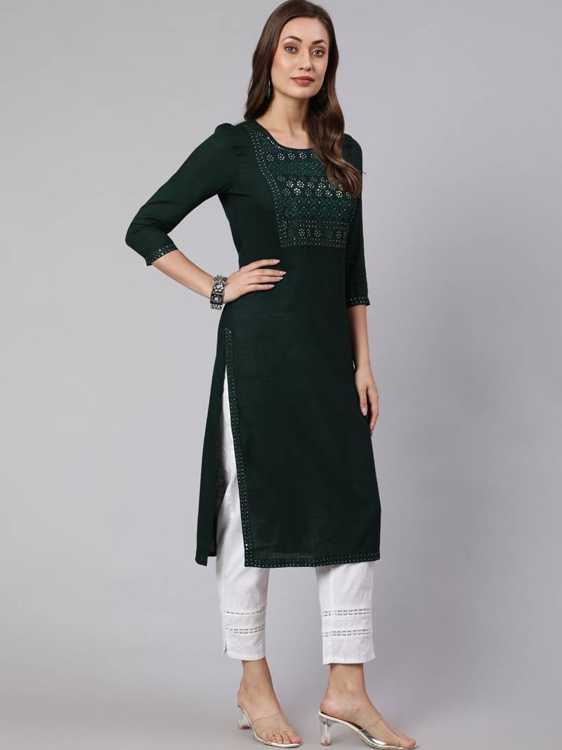 Noor startup self design ethnic embroidered a line green jaipuri kurti for womens & girls for festive season