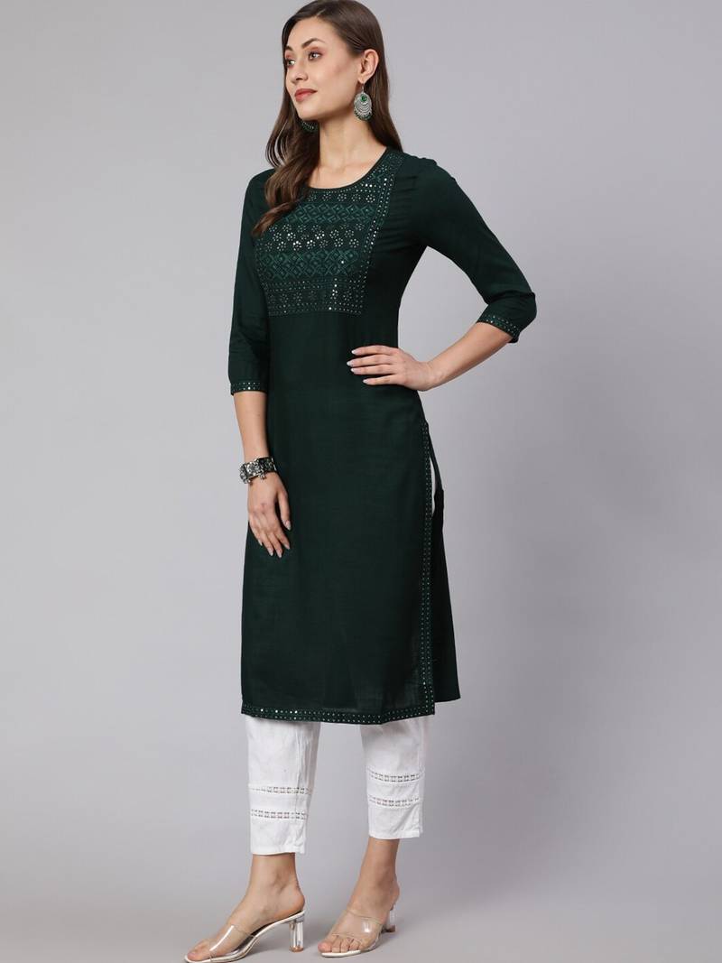 Noor startup self design ethnic embroidered a line green jaipuri kurti for womens & girls for festive season