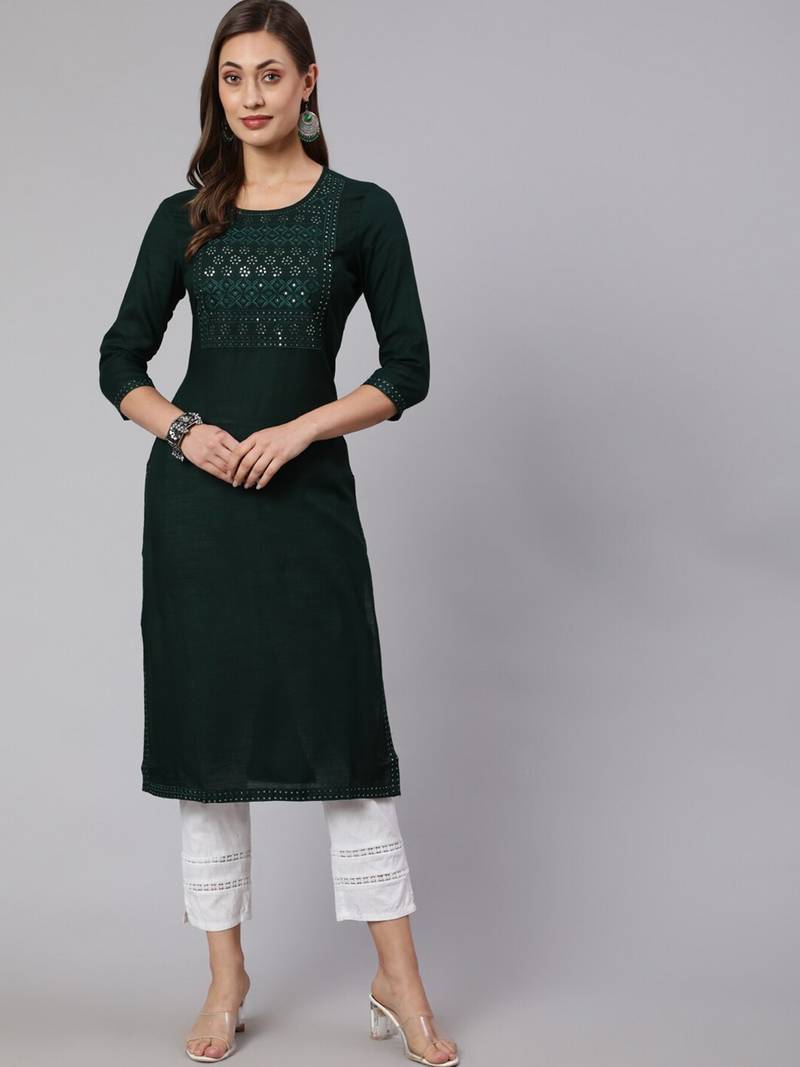 Noor startup self design ethnic embroidered a line green jaipuri kurti for womens & girls for festive season