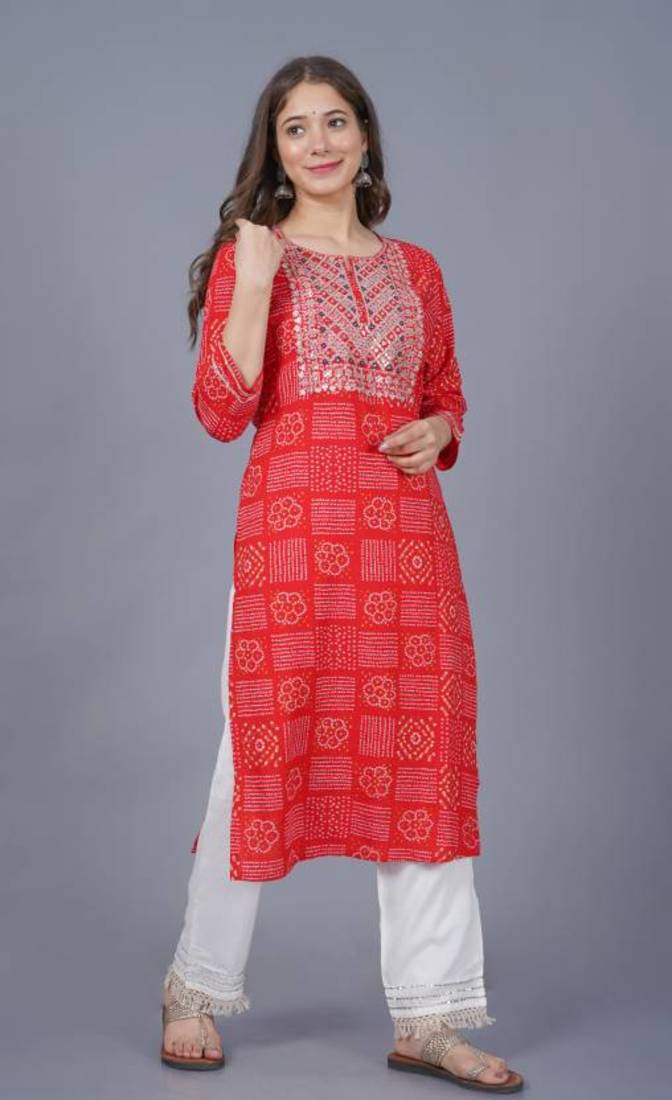 Self designer sequence embroidered ethnic bandhani bandhej printed a-line festive wear kurti for womens & girls