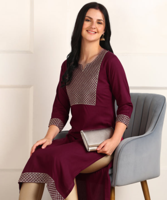 Noor startup rayon self design sequence embroidered casual wear & festive wear maroon a-line kurti for womens & girls 1