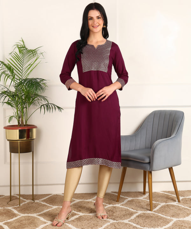 Noor startup rayon self design sequence embroidered casual wear & festive wear maroon a-line kurti for womens & girls