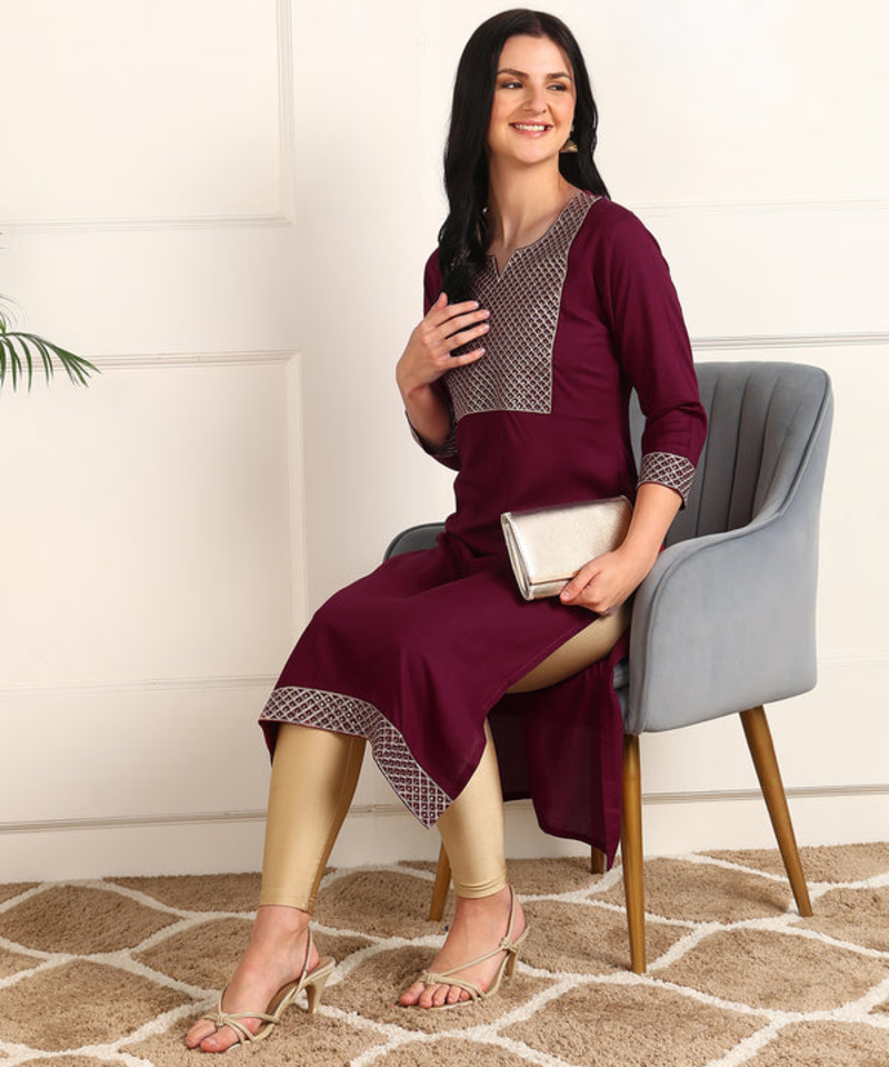 Noor startup rayon self design sequence embroidered casual wear & festive wear maroon a-line kurti for womens & girls