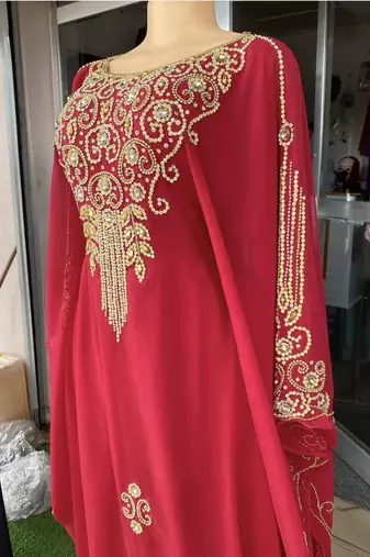 Red Handcrafted Zari Stone work Stitched Georgette Kaftan Party Wedding Dresses MS 315