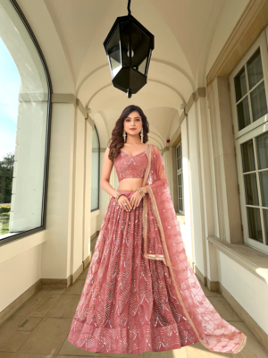 Women's Onion Pink Net With Sequins And Thread Embroidery Real Mirror Work Lehenga Choli For Wedding 1