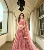 Women's Onion Pink Net With Sequins And Thread Embroidery Real Mirror Work Lehenga Choli For Wedding