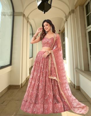 Women's Onion Pink Net With Sequins And Thread Embroidery Real Mirror Work Lehenga Choli For Wedding 3