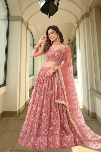 Women's Onion Pink Net With Sequins And Thread Embroidery Real Mirror Work Lehenga Choli For Wedding