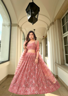 Women's Onion Pink Net With Sequins And Thread Embroidery Real Mirror Work Lehenga Choli For Wedding 4