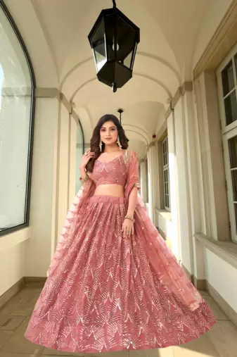 Women's Onion Pink Net With Sequins And Thread Embroidery Real Mirror Work Lehenga Choli For Wedding