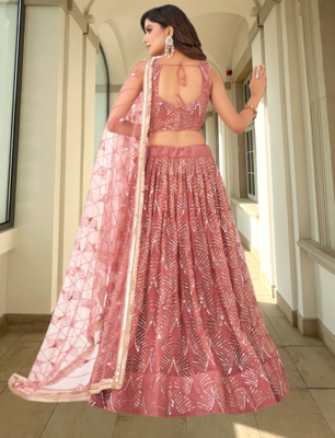 Women's Onion Pink Net With Sequins And Thread Embroidery Real Mirror Work Lehenga Choli For Wedding 5