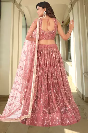 Women's Onion Pink Net With Sequins And Thread Embroidery Real Mirror Work Lehenga Choli For Wedding