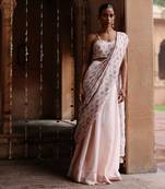 Pastel pink dupion silk printed fusion saree Without Blouse