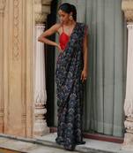 Blue dupion silk printed pre stitched saree Without Blouse