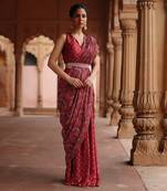 Red dupion silk printed pre stitched saree Without Blouse